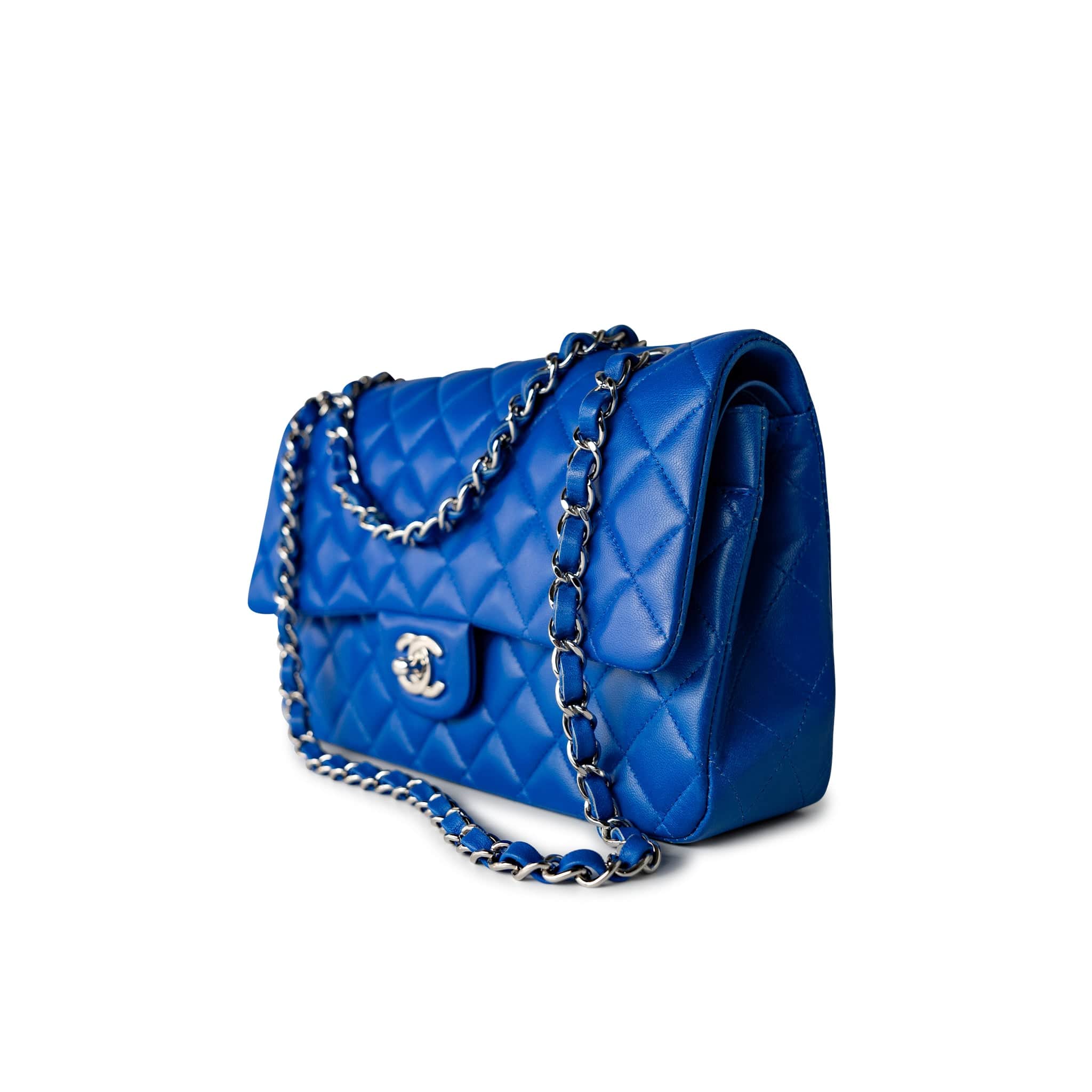 CHANEL Handbag Blue Royal Blue Lambskin Quilted Classic Flap Medium Silver Hardware - Redeluxe
