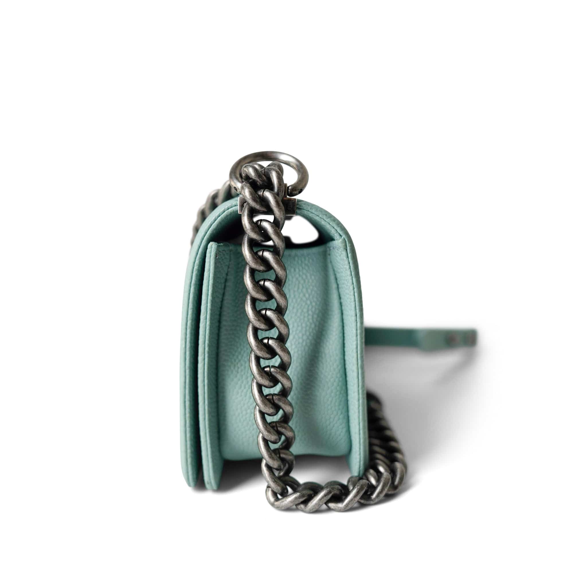 CHANEL Handbag Boy / Green 20C Tiffany Blue Caviar Chevron Small Boy Bag Ruthenium Hardware - Redeluxe