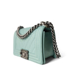 CHANEL Handbag Boy / Green 20C Tiffany Blue Caviar Chevron Small Boy Bag Ruthenium Hardware - Redeluxe