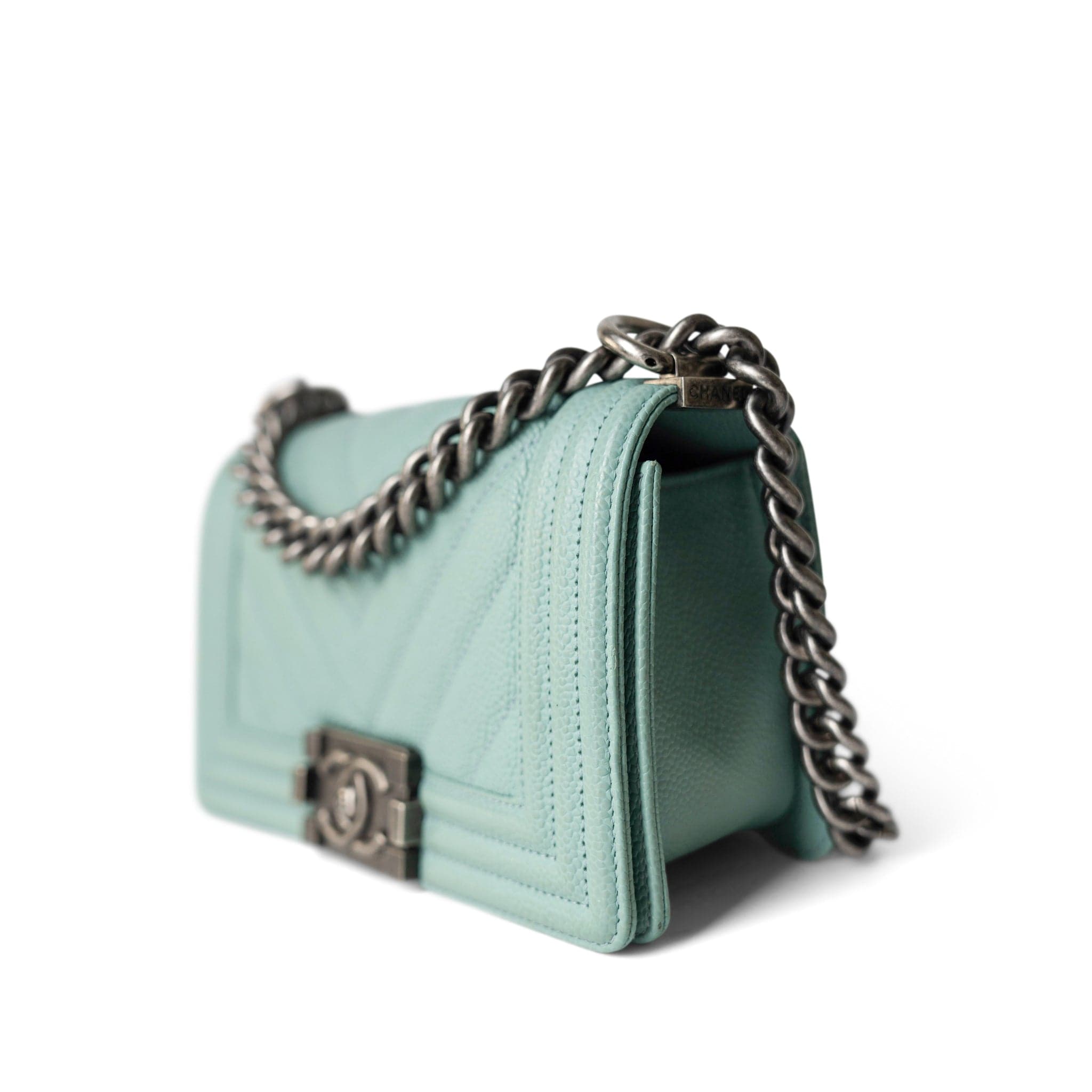 CHANEL Handbag Boy / Green 20C Tiffany Blue Caviar Chevron Small Boy Bag Ruthenium Hardware - Redeluxe