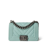 CHANEL Handbag Boy / Green 20C Tiffany Blue Caviar Chevron Small Boy Bag Ruthenium Hardware - Redeluxe