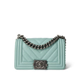 CHANEL Handbag Boy / Green 20C Tiffany Blue Caviar Chevron Small Boy Bag Ruthenium Hardware - Redeluxe