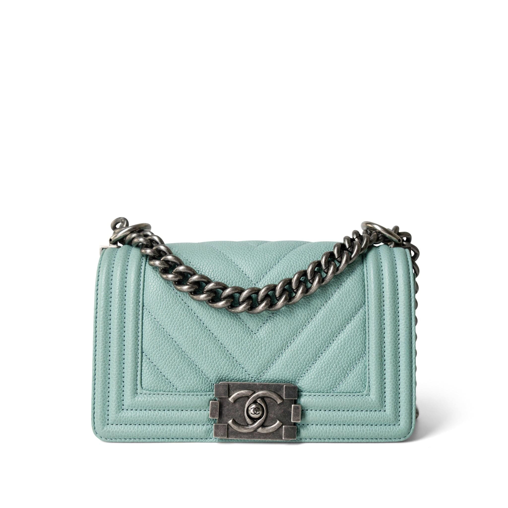 CHANEL Handbag Boy / Green 20C Tiffany Blue Caviar Chevron Small Boy Bag Ruthenium Hardware - Redeluxe