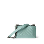 CHANEL Handbag Boy / Green 20C Tiffany Blue Caviar Chevron Small Boy Bag Ruthenium Hardware - Redeluxe