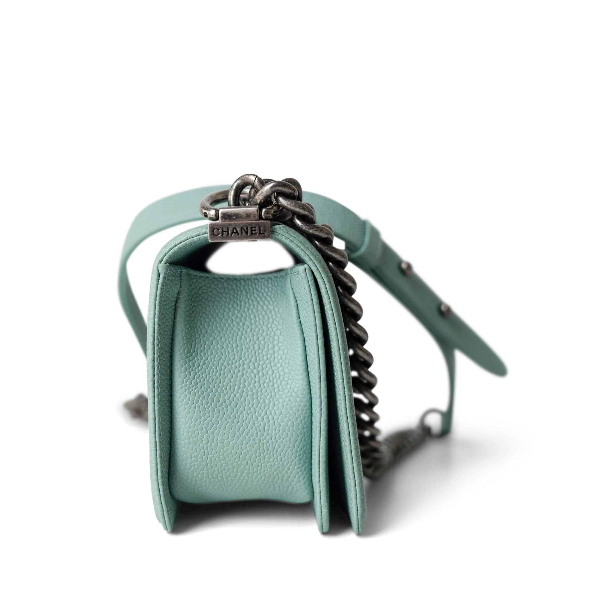 CHANEL Handbag Boy / Green 20C Tiffany Blue Caviar Chevron Small Boy Bag Ruthenium Hardware - Redeluxe