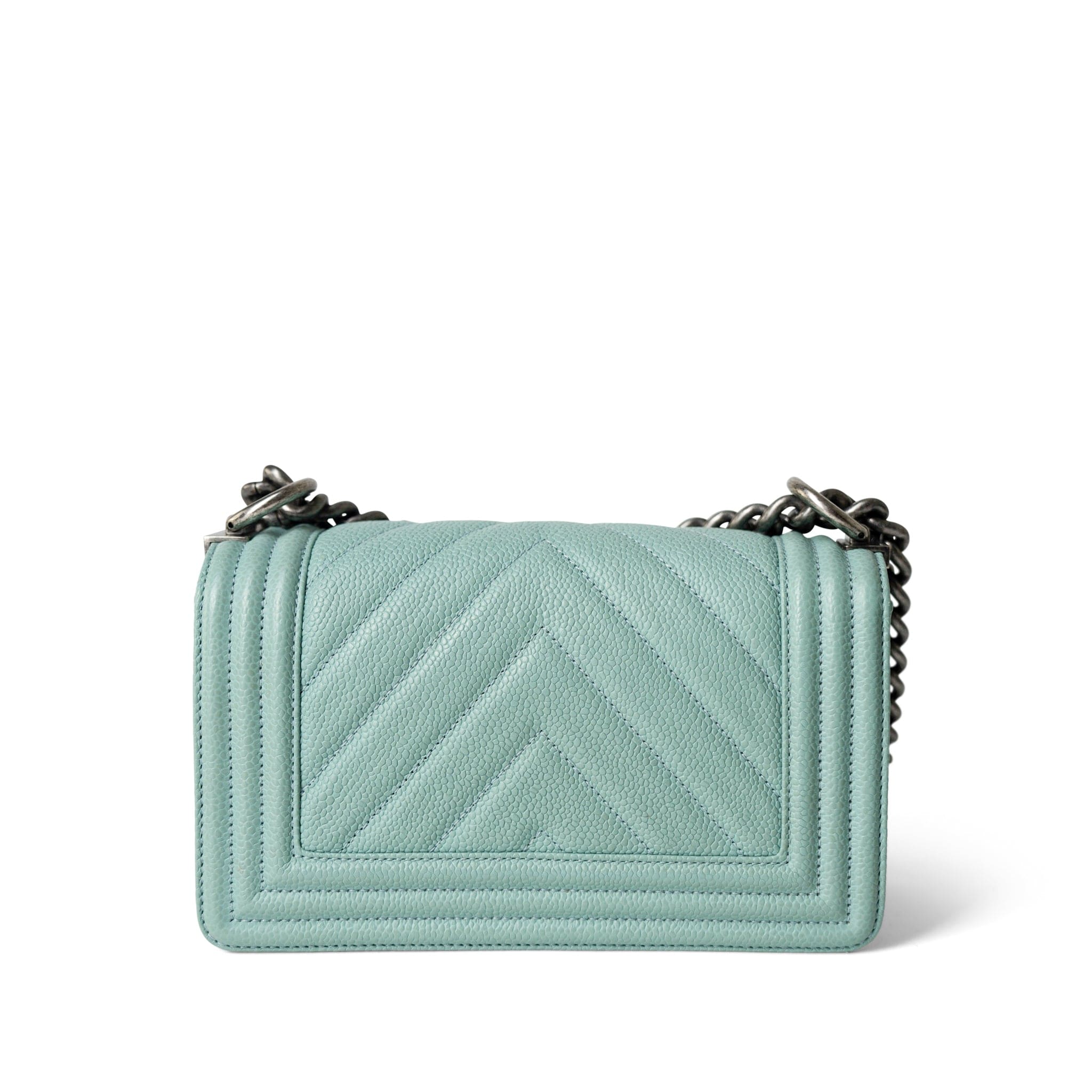 CHANEL Handbag Boy / Green 20C Tiffany Blue Caviar Chevron Small Boy Bag Ruthenium Hardware - Redeluxe