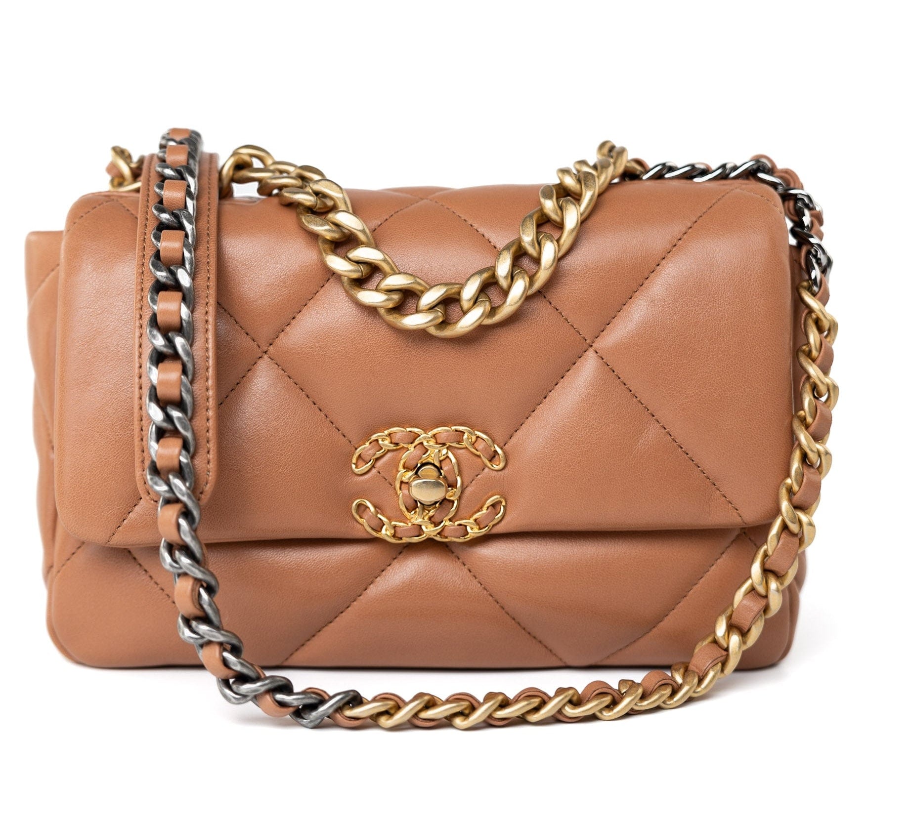 CHANEL Handbag Brown 21P Caramel Lambskin Quilted 19 Flap Small Mixed Hardware - Redeluxe