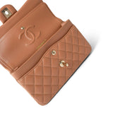 CHANEL Handbag Brown 21P Caramel Lambskin Quilted Classic Flap Small Light Gold Hardware - Redeluxe