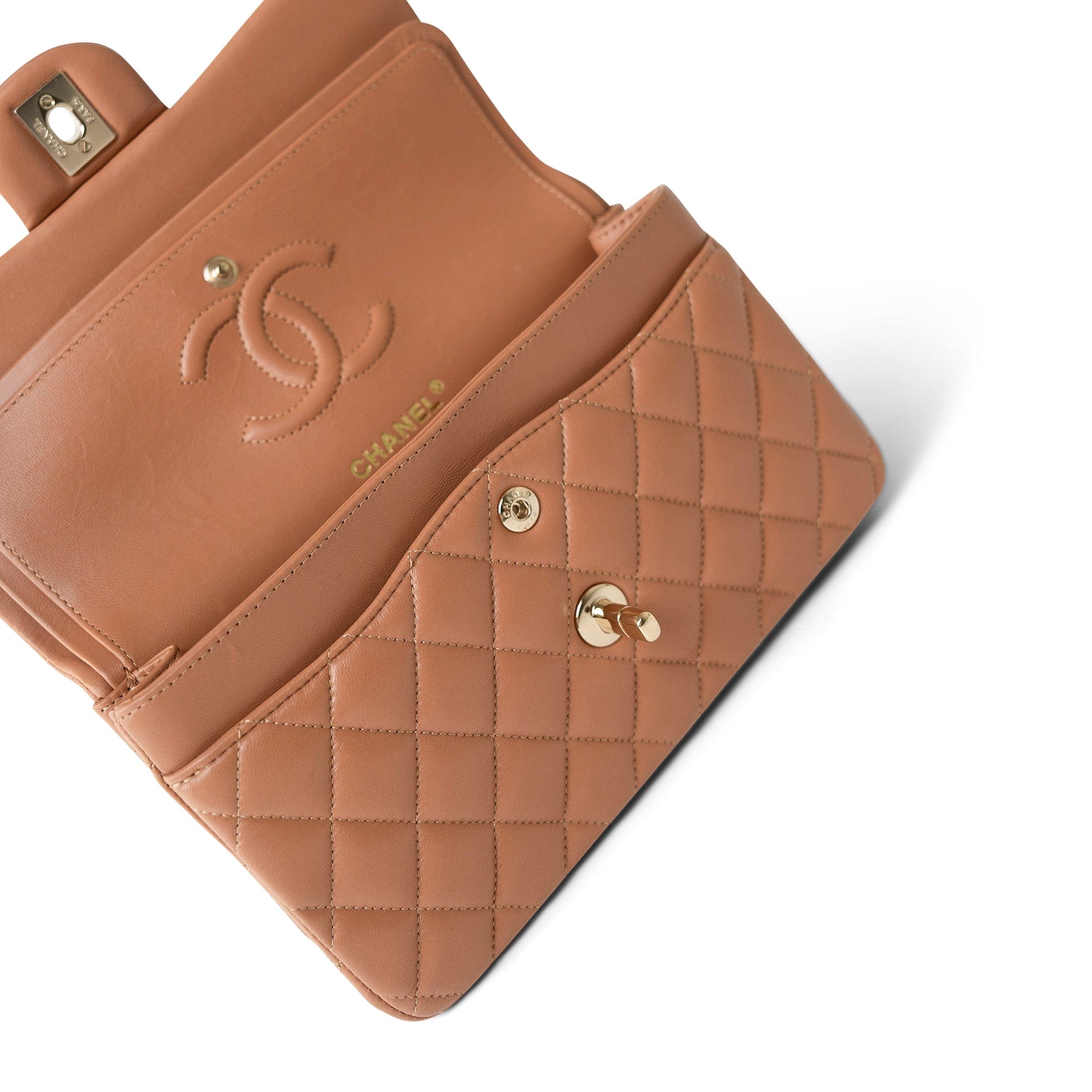 CHANEL Handbag Brown 21P Caramel Lambskin Quilted Classic Flap Small Light Gold Hardware - Redeluxe