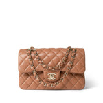 CHANEL Handbag Brown 21P Caramel Lambskin Quilted Classic Flap Small Light Gold Hardware - Redeluxe
