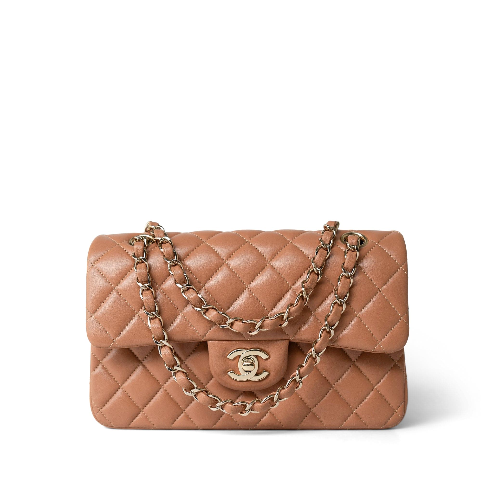 CHANEL Handbag Brown 21P Caramel Lambskin Quilted Classic Flap Small Light Gold Hardware - Redeluxe