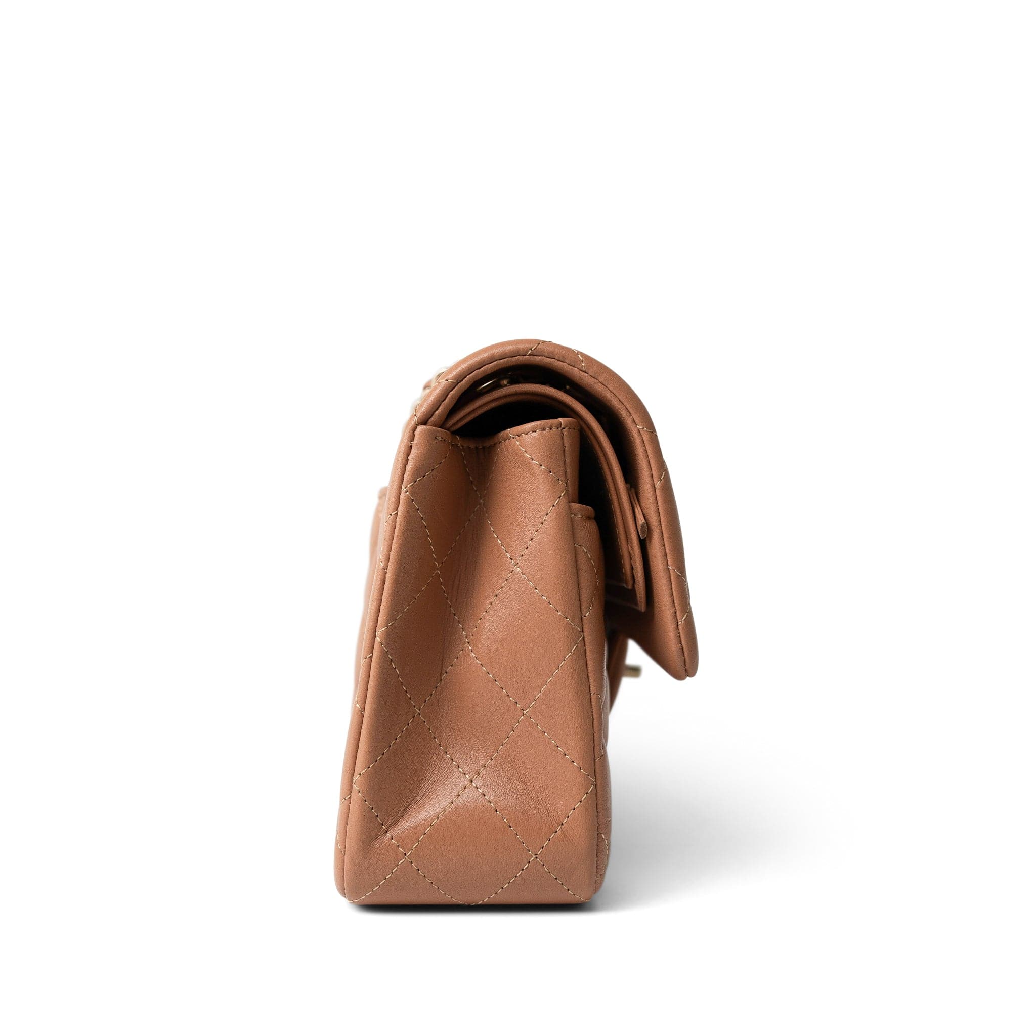 CHANEL Handbag Brown 21P Caramel Lambskin Quilted Classic Flap Small Light Gold Hardware - Redeluxe