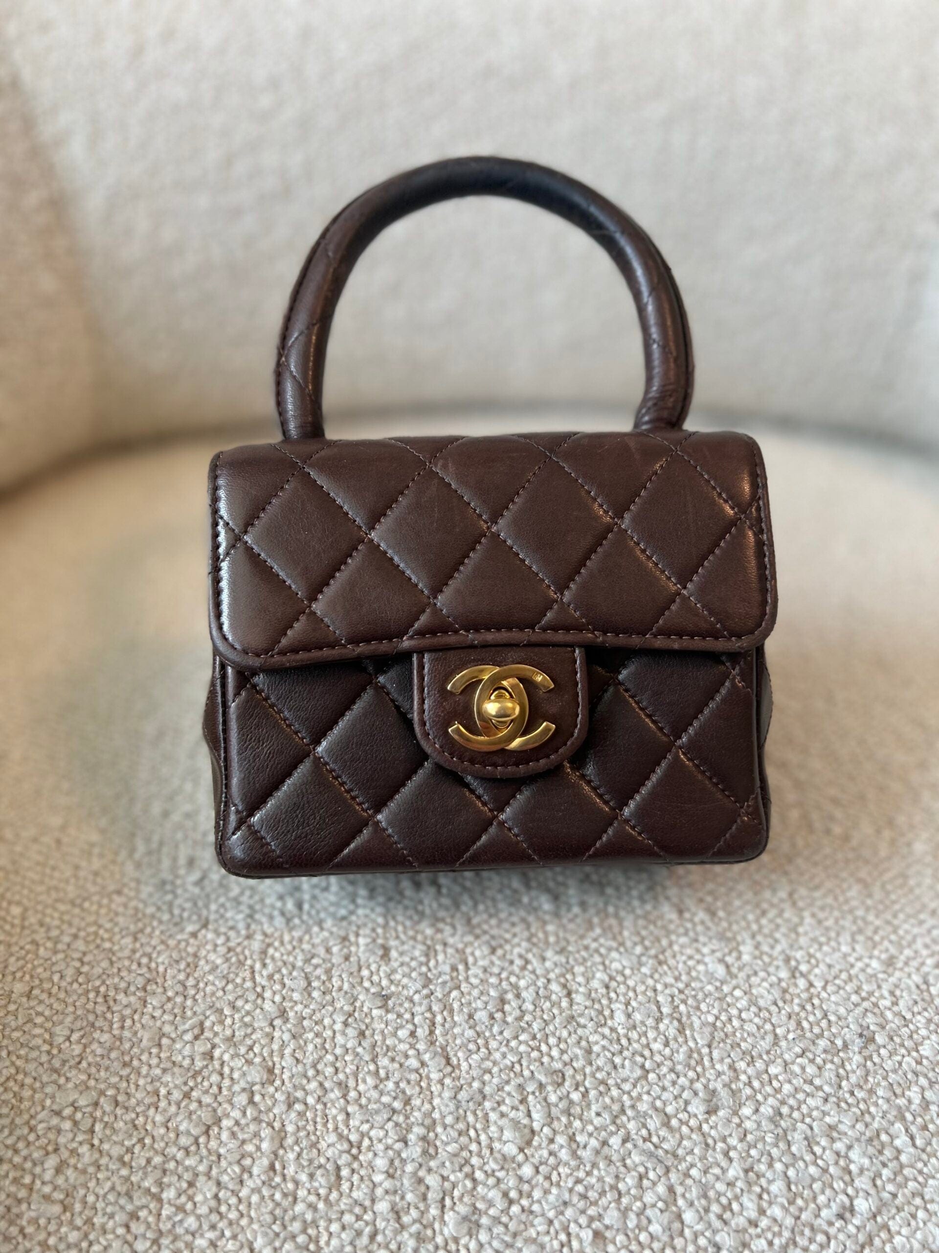 Shop Vintage Brown Lambskin Quilted Micro with Top Handle Luxury