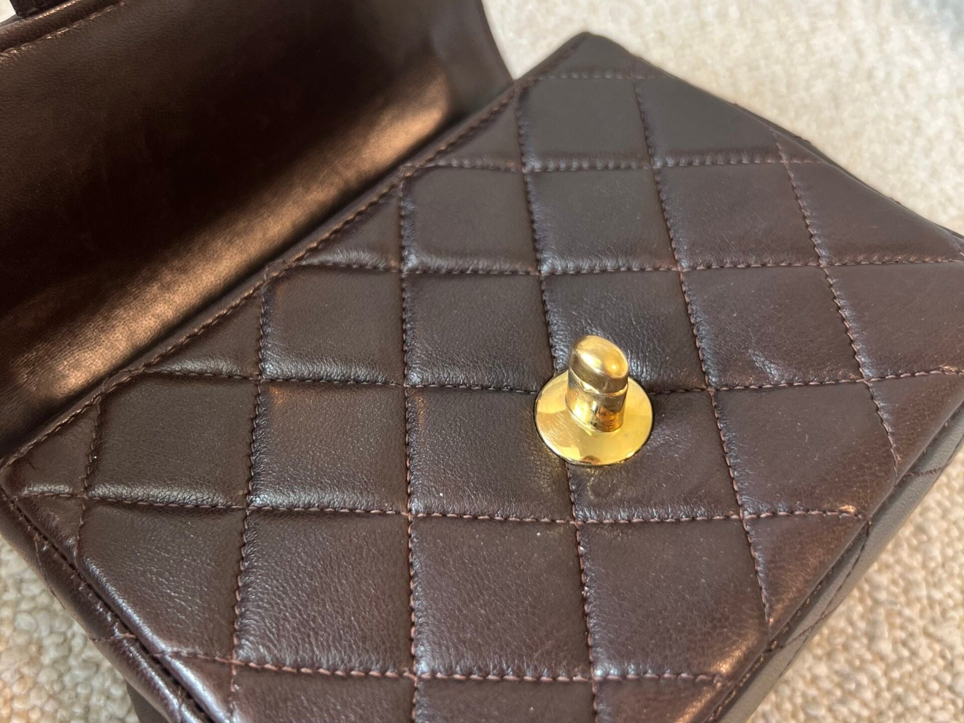 CHANEL Handbag Brown Vintage Brown Lambskin Quilted Micro Mini Kelly with Top Handle GHW - Redeluxe