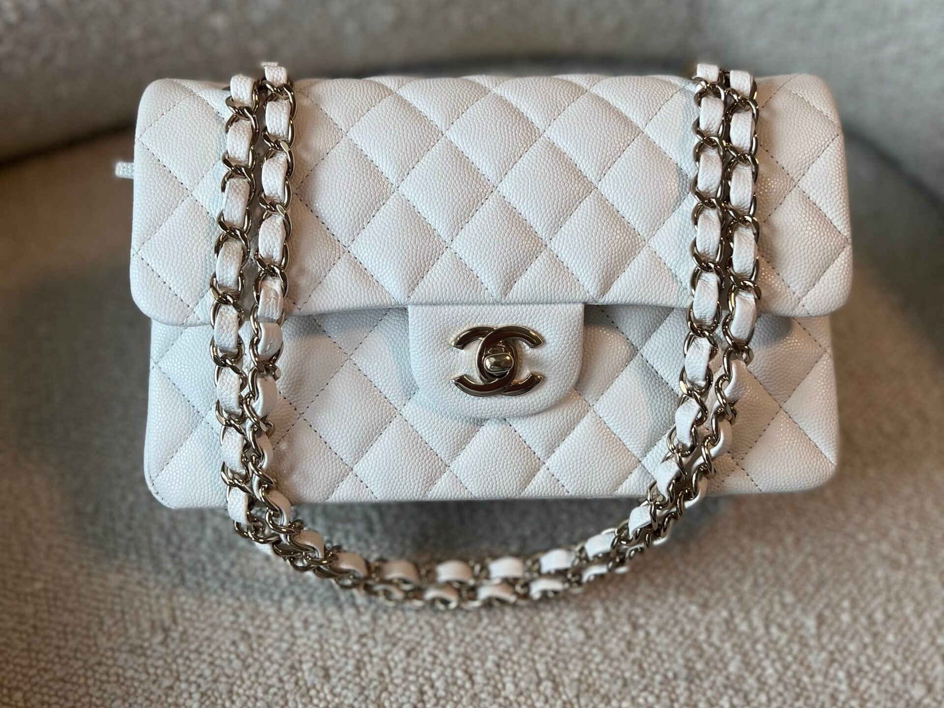 CHANEL Handbag Chanel 21A White Caviar Quilted Classic Flap Small LGHW - Redeluxe