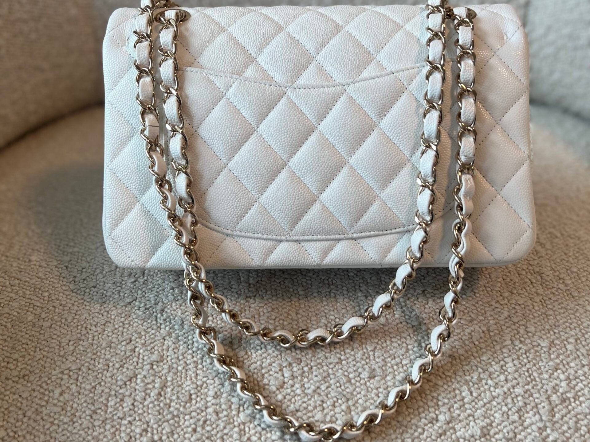 CHANEL Handbag Chanel 21A White Caviar Quilted Classic Flap Small LGHW - Redeluxe