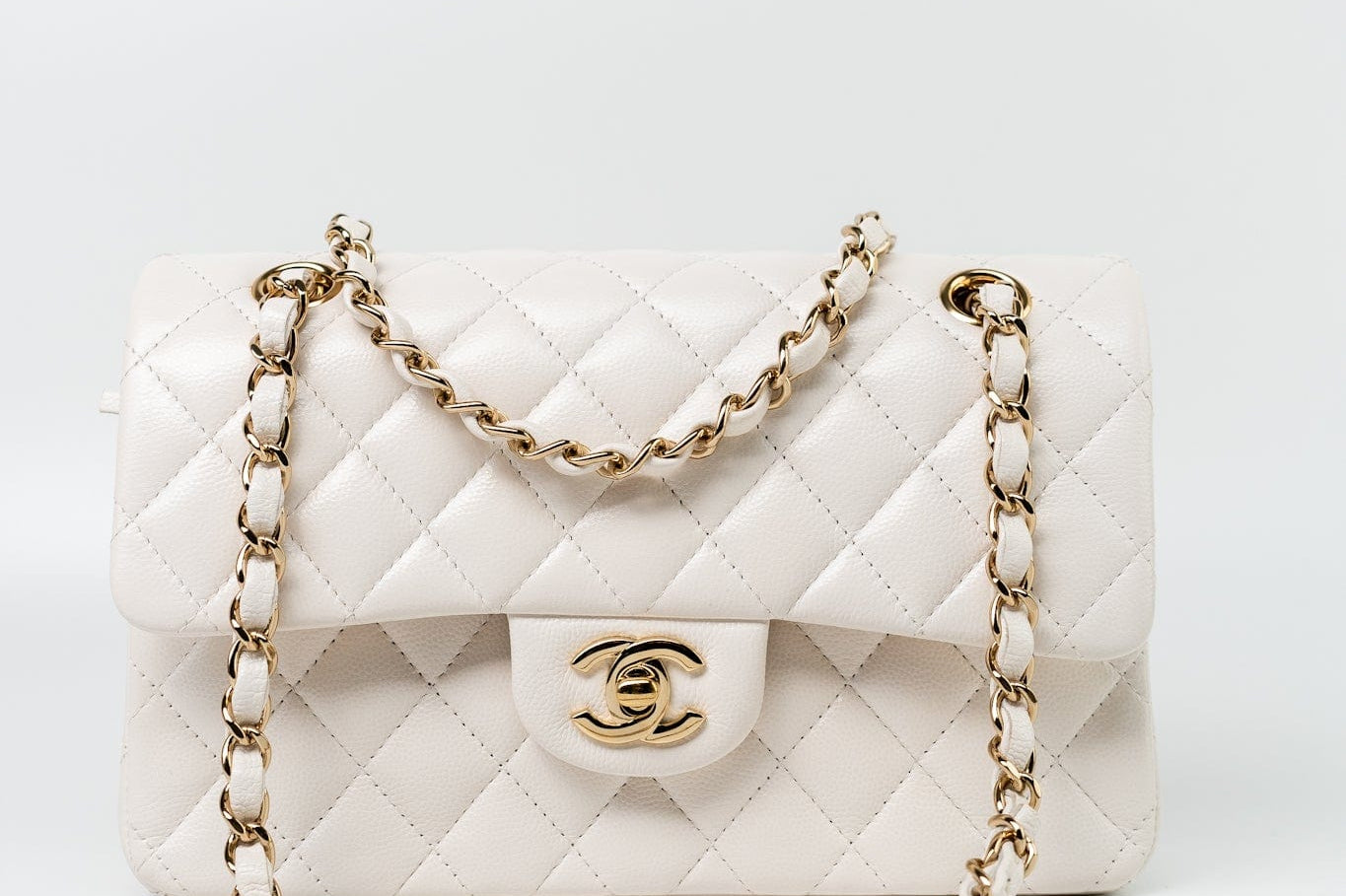 CHANEL Handbag Chanel 21S White Caviar Quilted Classic Flap Small LGHW - Redeluxe