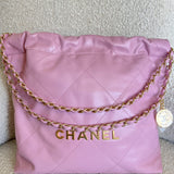CHANEL Handbag Chanel 22 Pink Shiny Calfskin Quilted Drawstring Bag Small GHW - Redeluxe