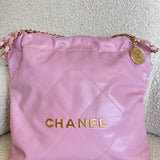 CHANEL Handbag Chanel 22 Pink Shiny Calfskin Quilted Drawstring Bag Small GHW - Redeluxe