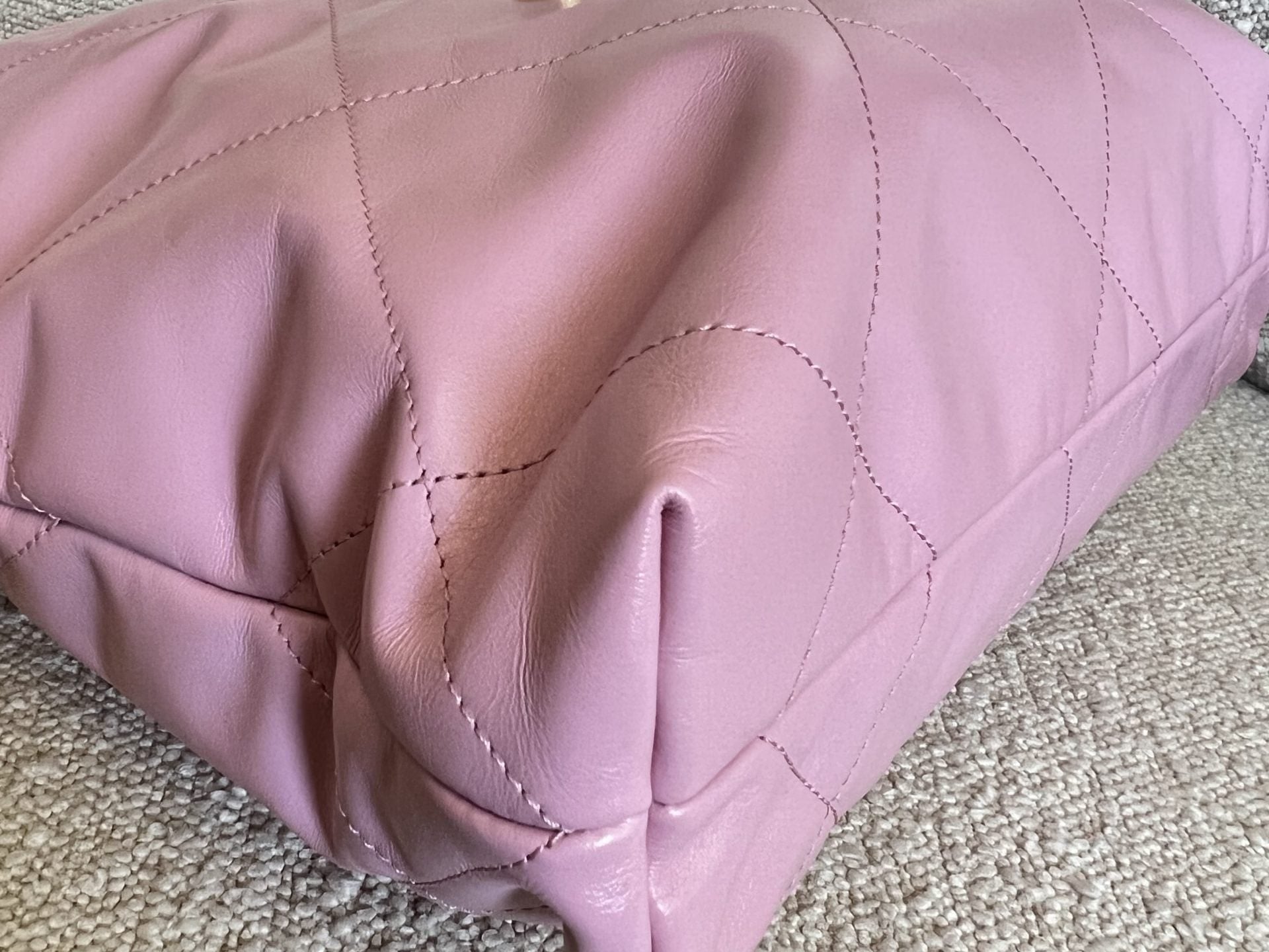 CHANEL Handbag Chanel 22 Pink Shiny Calfskin Quilted Drawstring Bag Small GHW - Redeluxe