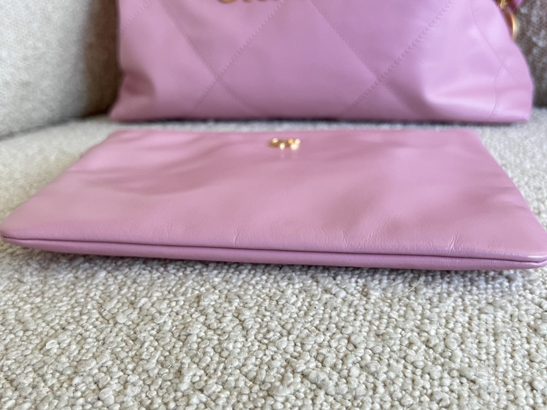 CHANEL Handbag Chanel 22 Pink Shiny Calfskin Quilted Drawstring Bag Small GHW - Redeluxe