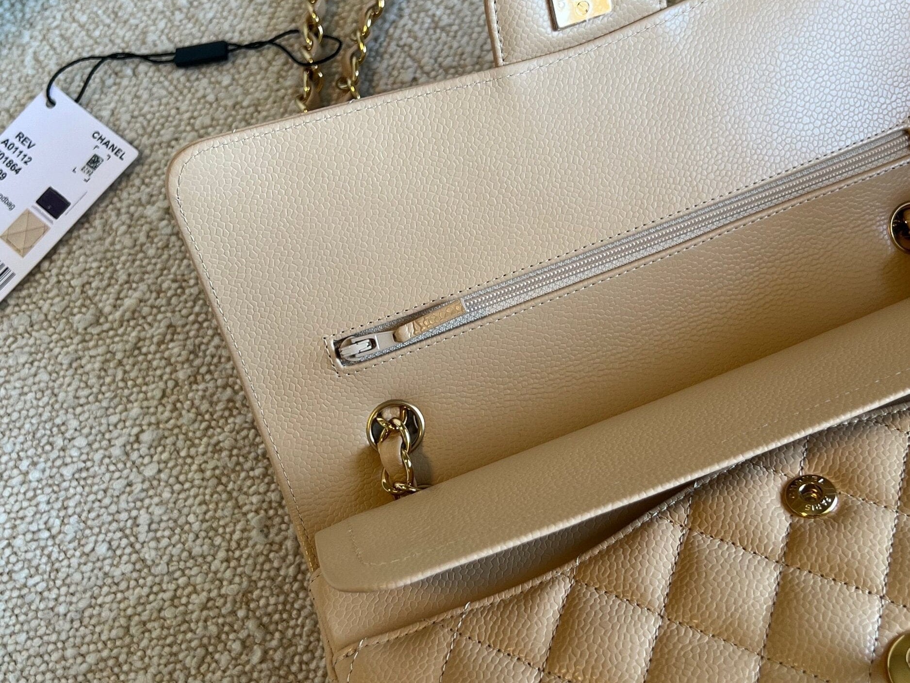 CHANEL Handbag Chanel Beige Clair Caviar Quilted Classic Flap  Medium GHW - Redeluxe