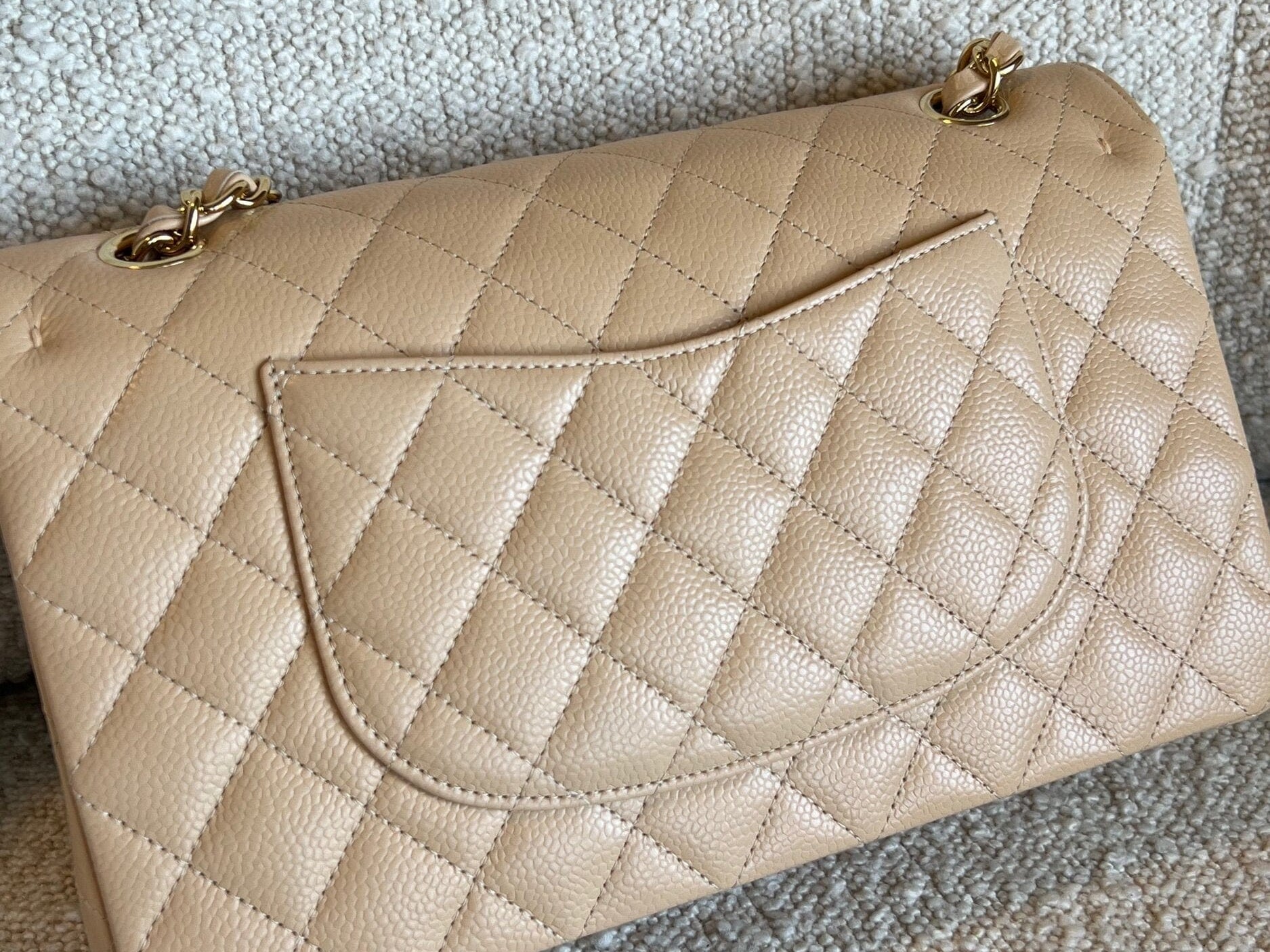CHANEL Handbag Chanel Beige Clair Caviar Quilted Classic Flap  Medium GHW - Redeluxe