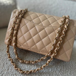 CHANEL Handbag Chanel Beige Clair Caviar Quilted Small Classic Double Flap Gold Hardware - Redeluxe