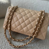 CHANEL Handbag Chanel Beige Clair Caviar Quilted Small Classic Double Flap Gold Hardware - Redeluxe