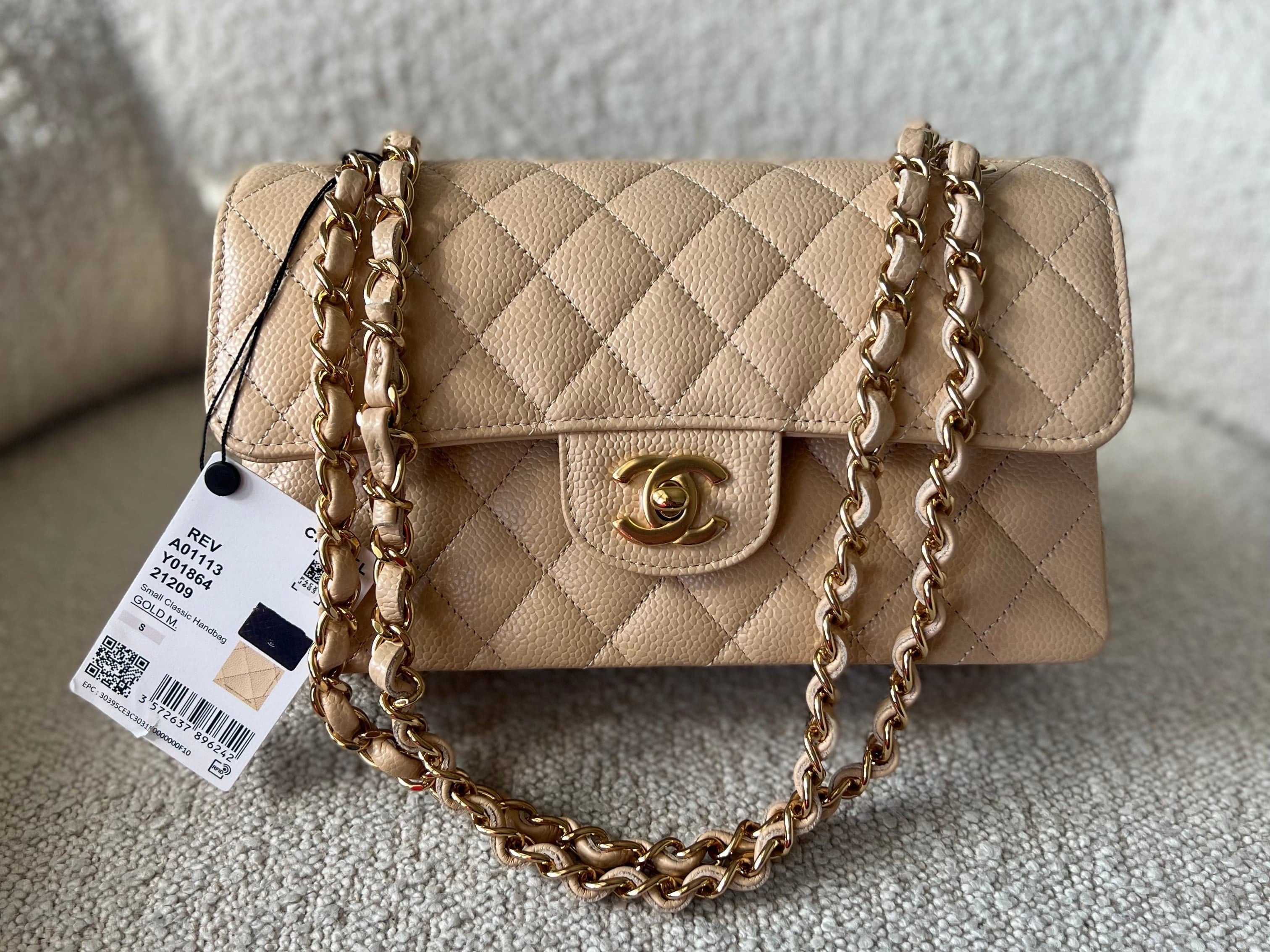 CHANEL Handbag Chanel Beige Clair Caviar Quilted Small Classic Double Flap Gold Hardware - Redeluxe