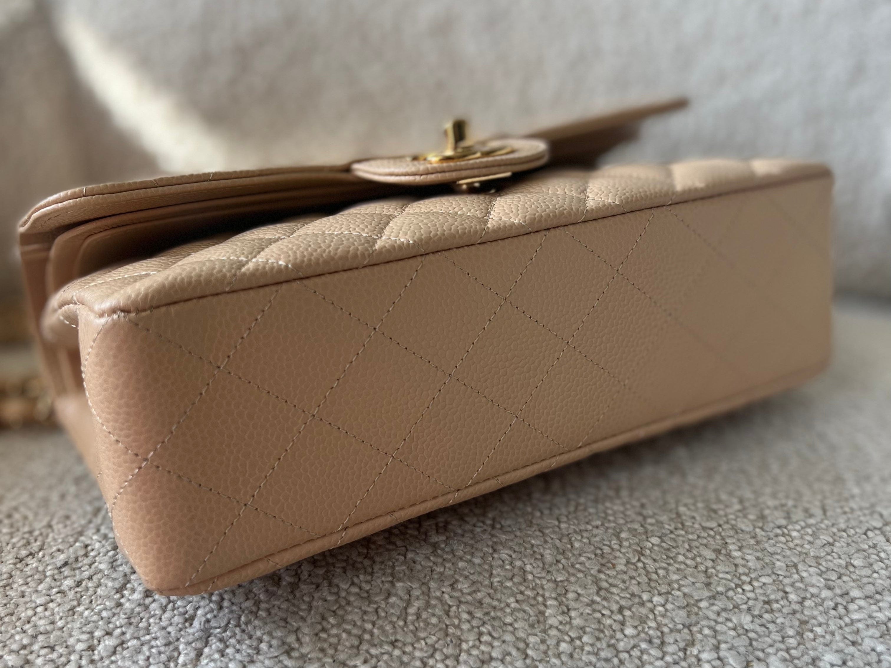CHANEL Handbag Chanel Beige Clair Caviar Quilted Small Classic Double Flap Gold Hardware - Redeluxe