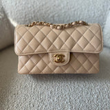 CHANEL Handbag Chanel Beige Clair Caviar Quilted Small Classic Double Flap Gold Hardware - Redeluxe