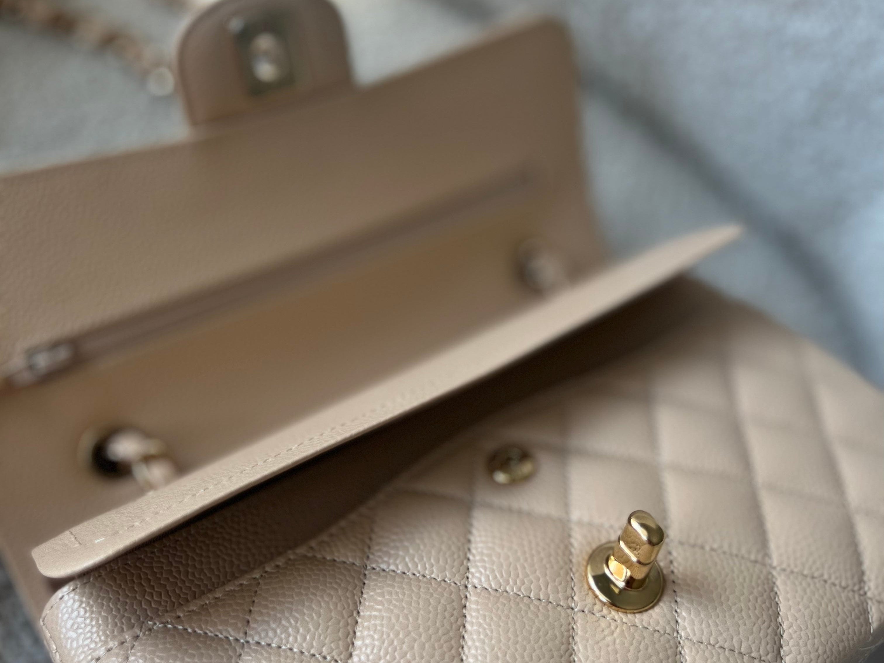 CHANEL Handbag Chanel Beige Clair Caviar Quilted Small Classic Double Flap Gold Hardware - Redeluxe