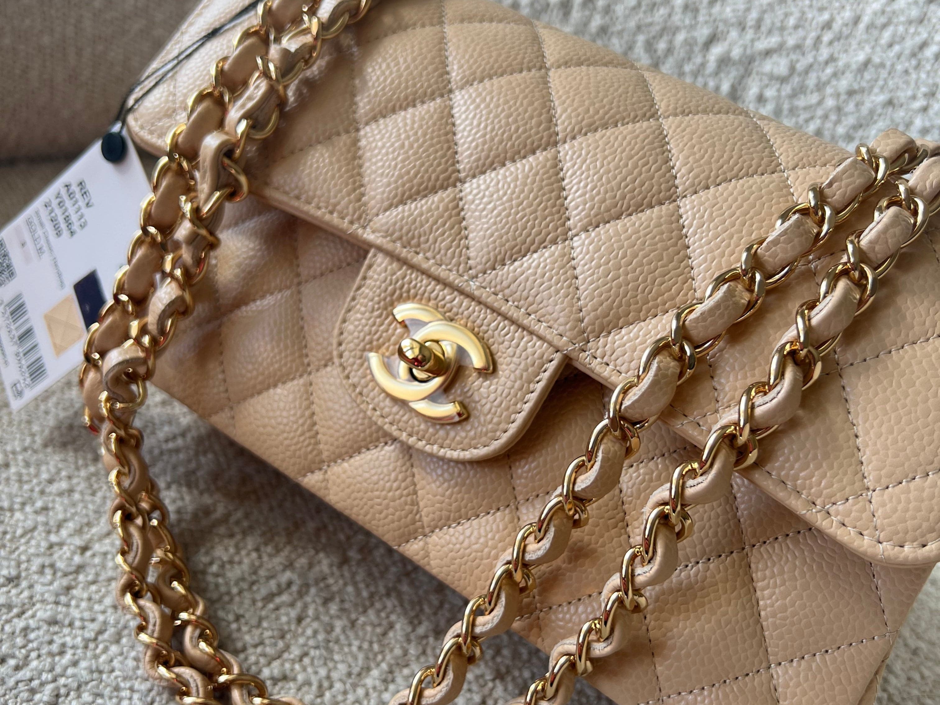 CHANEL Handbag Chanel Beige Clair Caviar Quilted Small Classic Double Flap Gold Hardware - Redeluxe