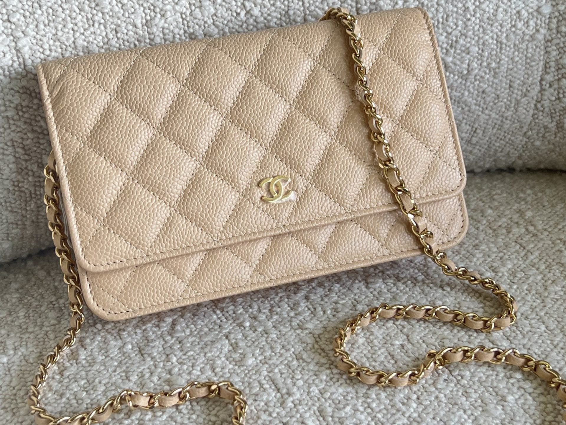 CHANEL Handbag Chanel Beige Clair Caviar Quilted Wallet on Chain GHW - Redeluxe