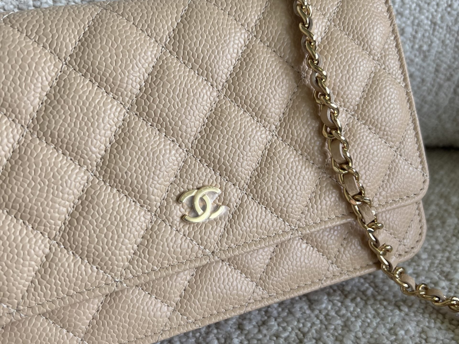 CHANEL Handbag Chanel Beige Clair Caviar Quilted Wallet on Chain GHW - Redeluxe