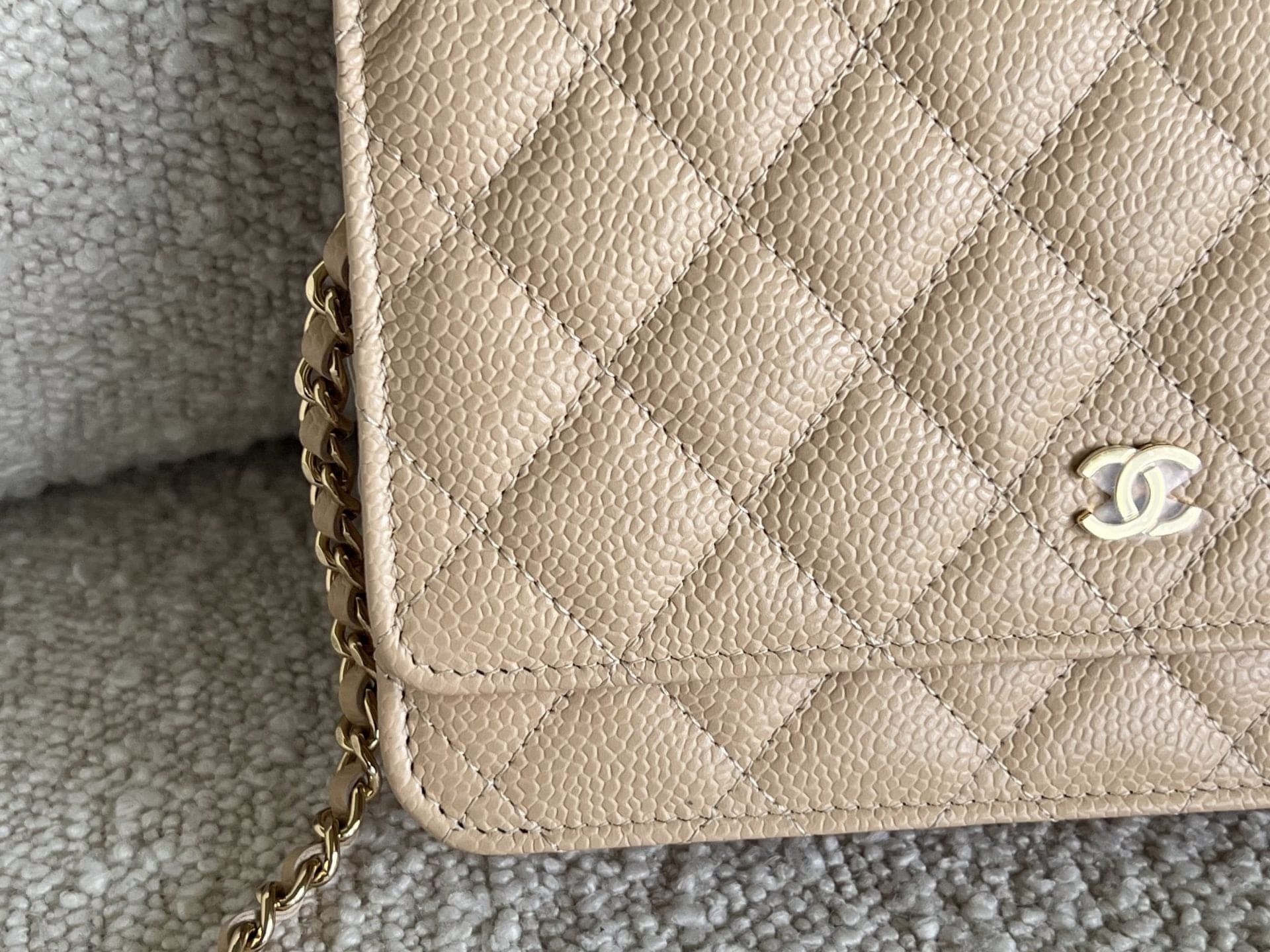 CHANEL Handbag Chanel Beige Clair Caviar Quilted Wallet on Chain GHW - Redeluxe