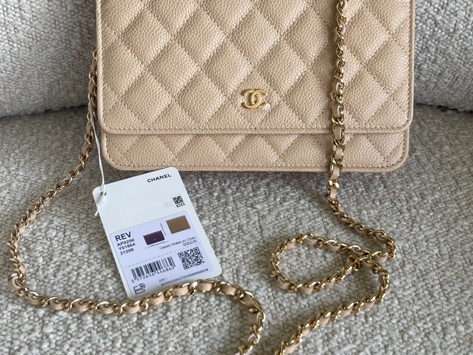 CHANEL Handbag Chanel Beige Clair Caviar Quilted Wallet on Chain GHW - Redeluxe