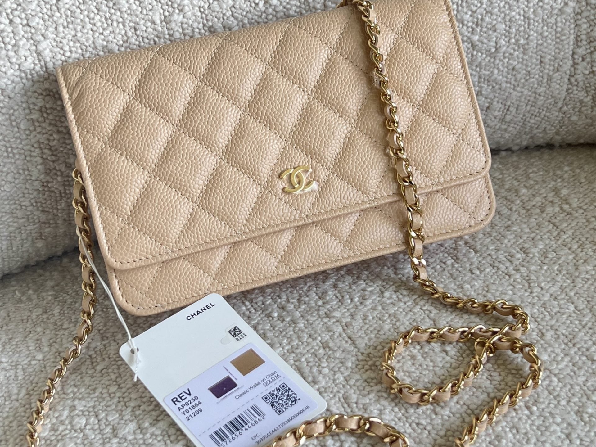 CHANEL Handbag Chanel Beige Clair Caviar Quilted Wallet on Chain GHW - Redeluxe