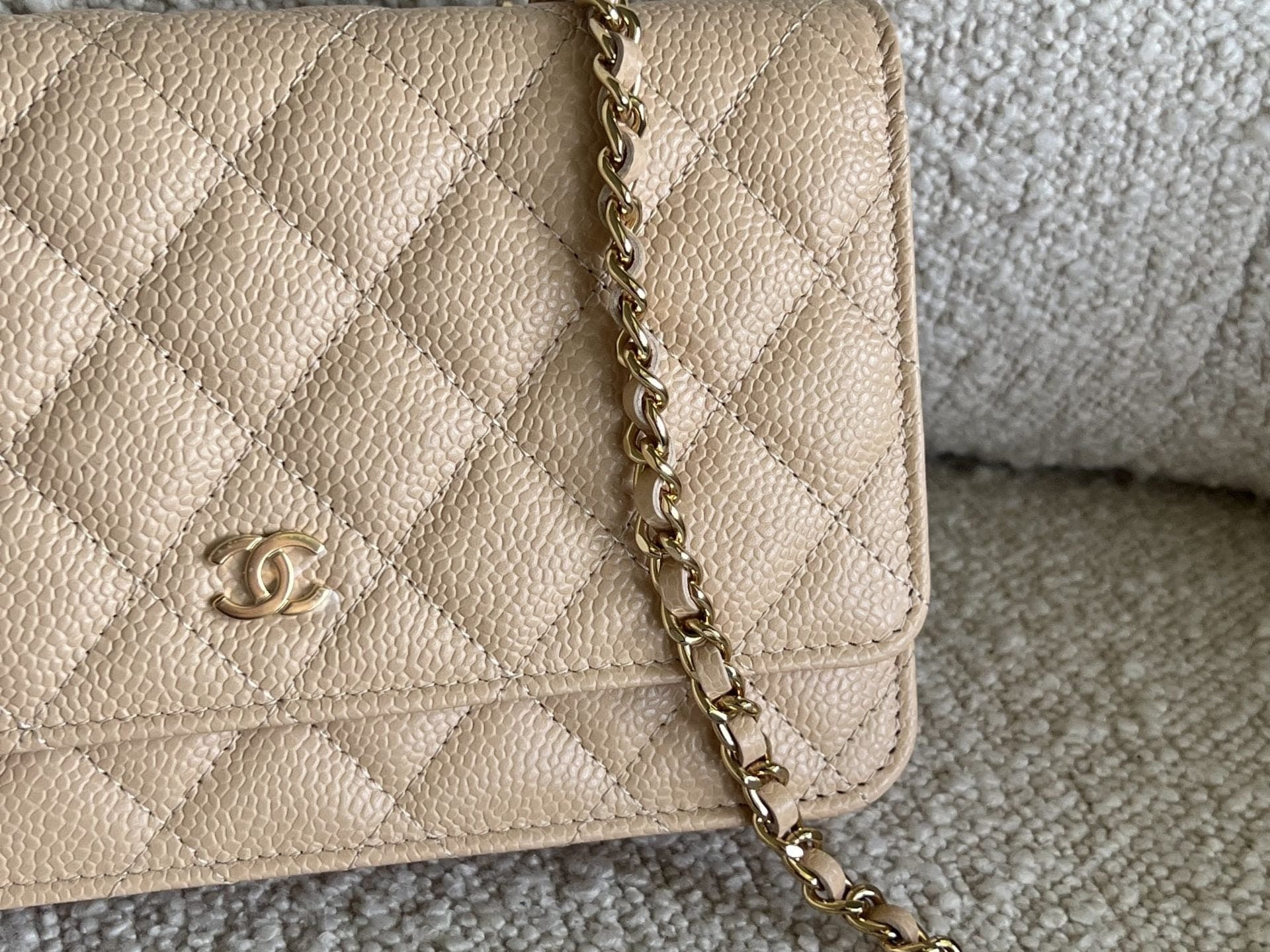 CHANEL Handbag Chanel Beige Clair Caviar Quilted Wallet on Chain GHW - Redeluxe