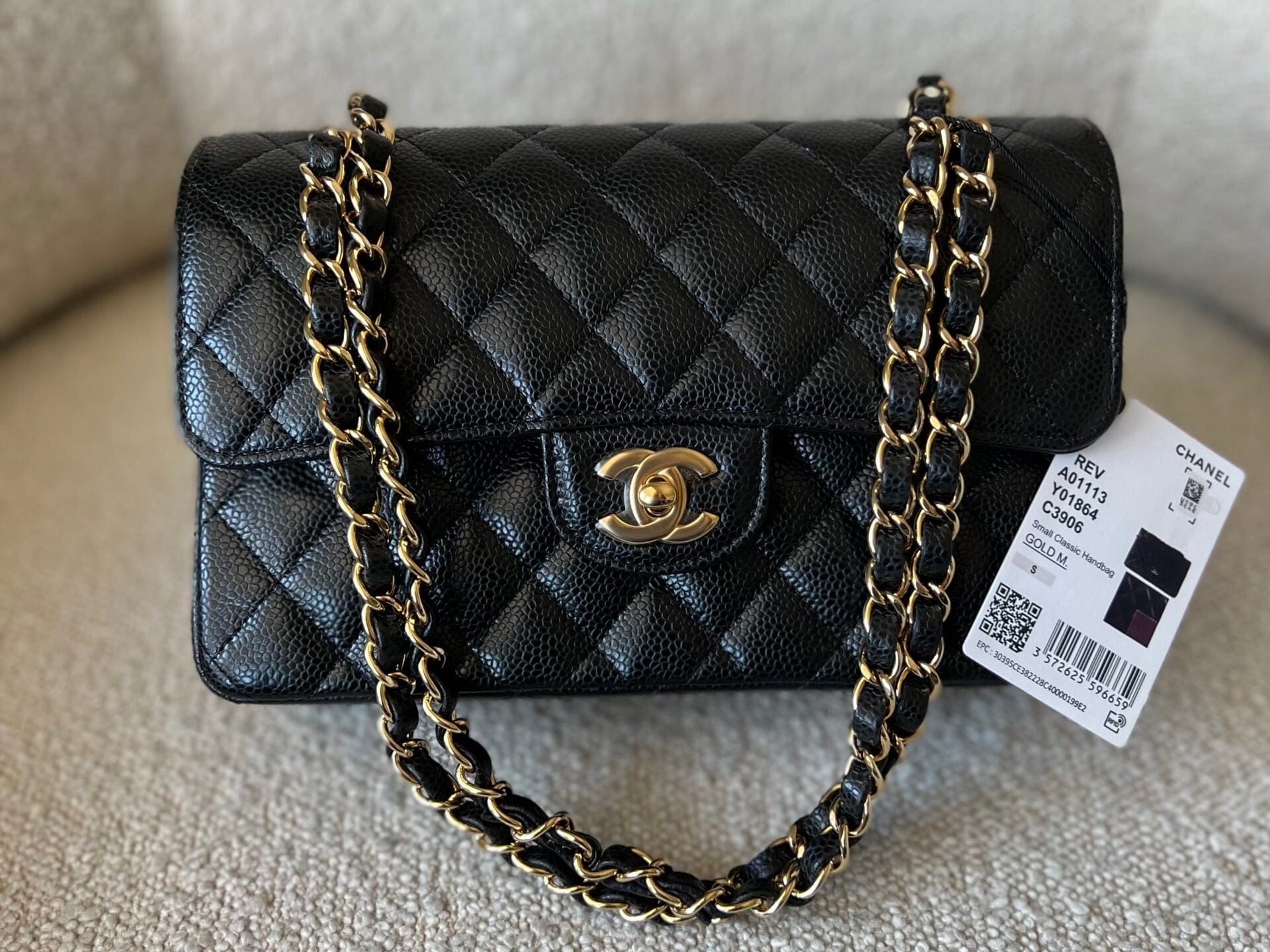 CHANEL Handbag Chanel Black Caviar Quilted Classic Flap Small Gold Hardware - Redeluxe