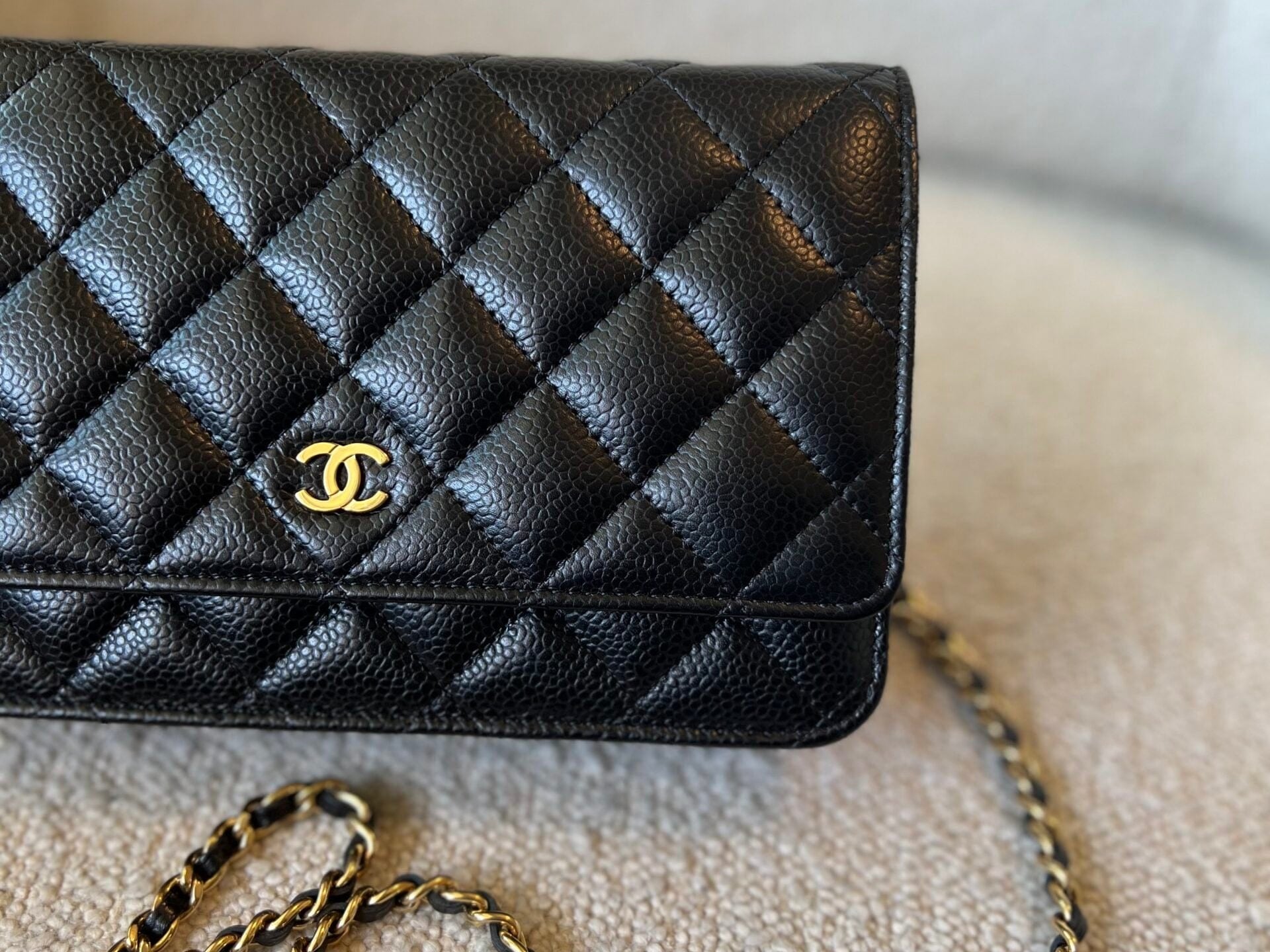 CHANEL Handbag Chanel Black Caviar Quilted Wallet On Chain Gold hardware(WOC) - Redeluxe