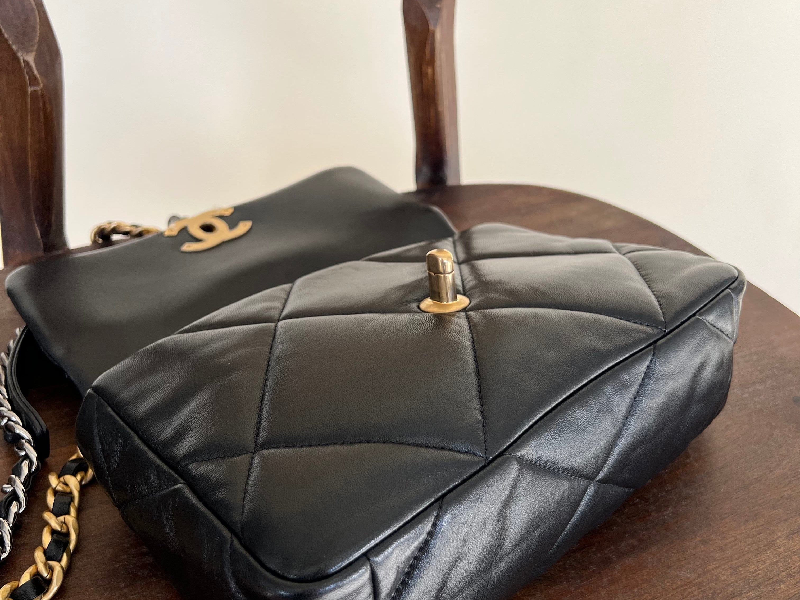 CHANEL Handbag Chanel Black Lambskin Quilted 19 Flap Small Mixed Hardware - Redeluxe