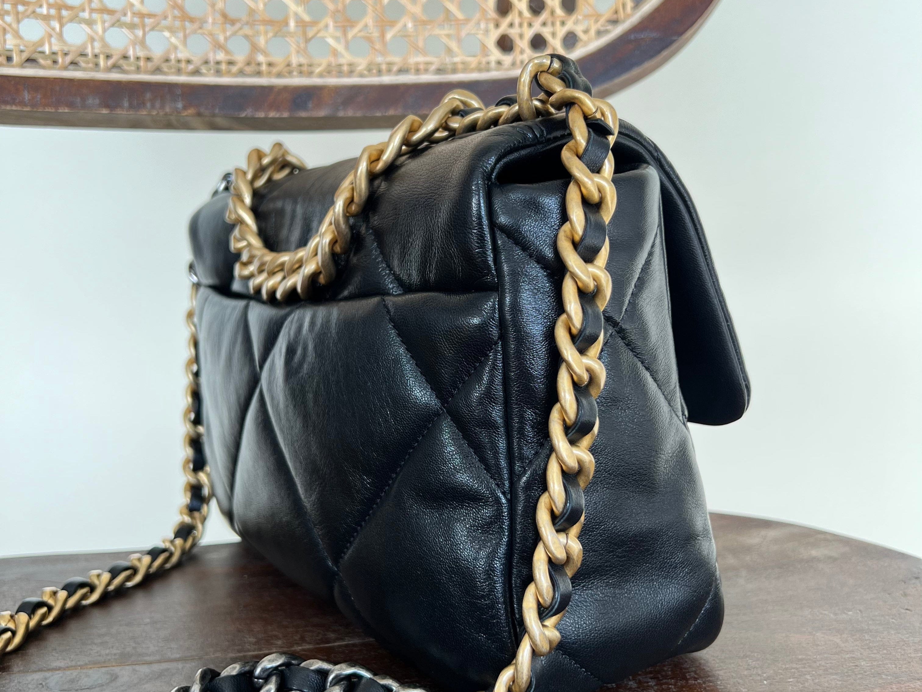 CHANEL Handbag Chanel Black Lambskin Quilted 19 Flap Small Mixed Hardware - Redeluxe