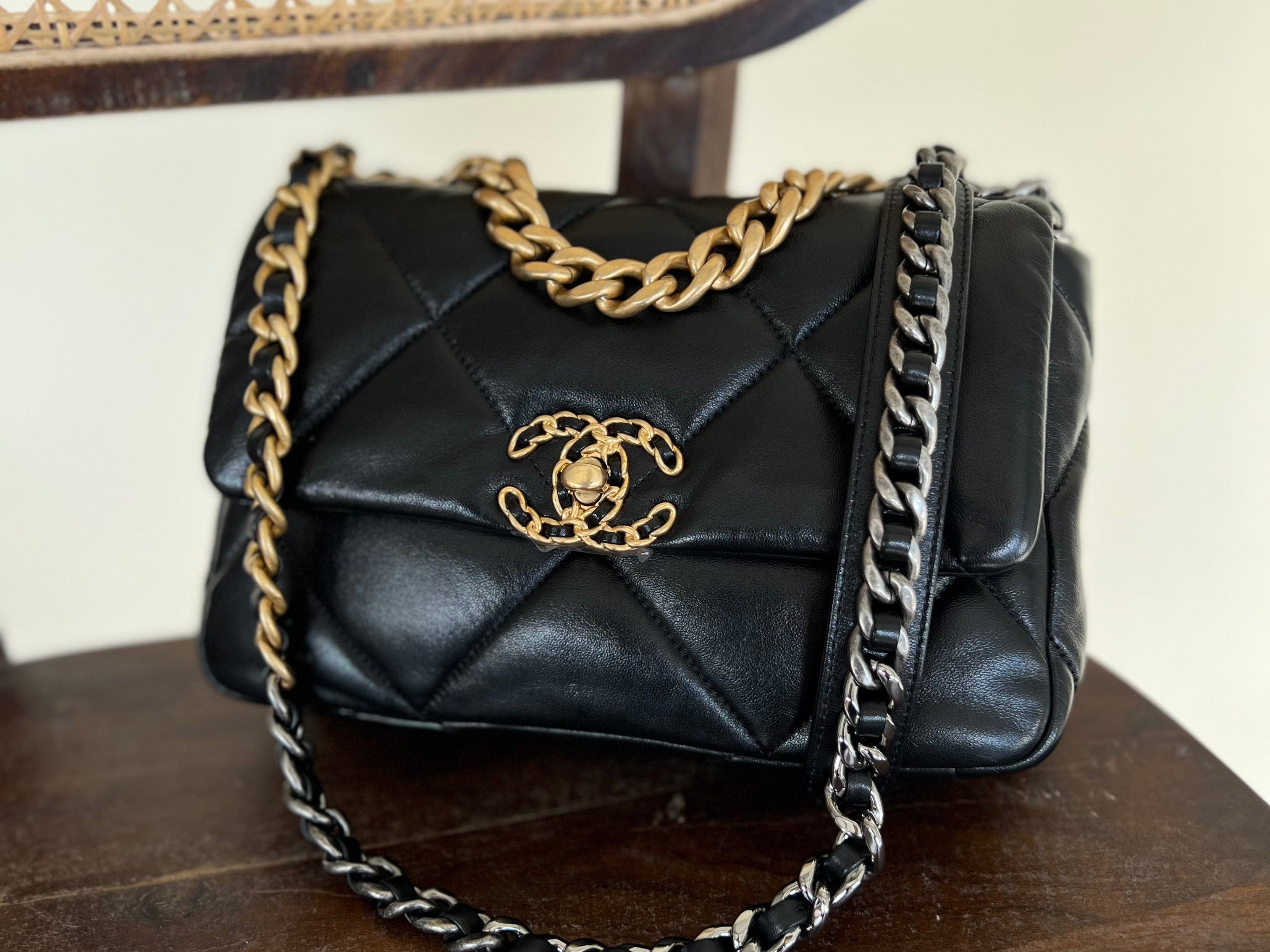 CHANEL Handbag Chanel Black Lambskin Quilted 19 Flap Small Mixed Hardware - Redeluxe