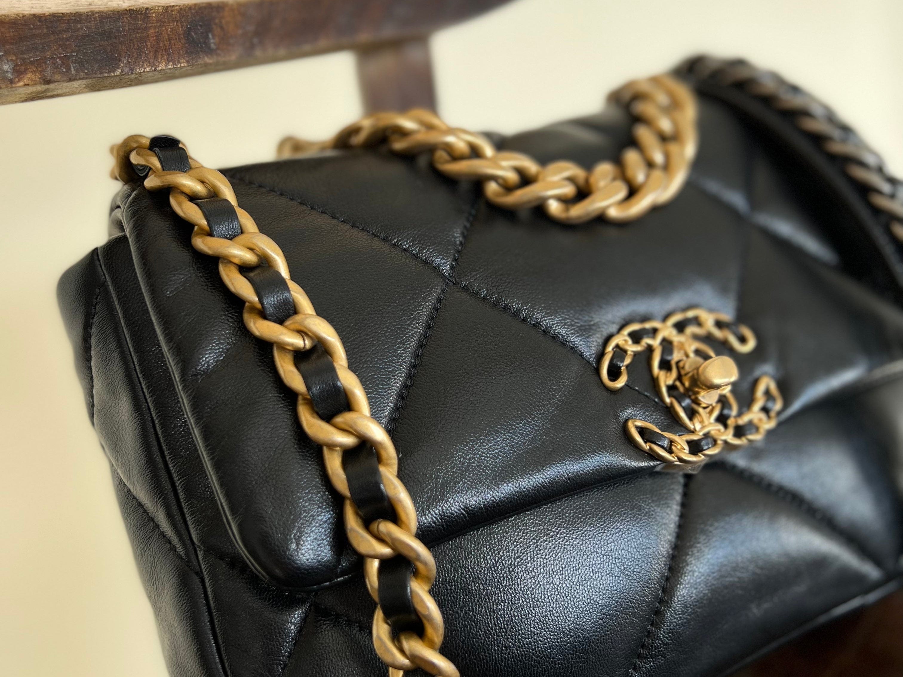 CHANEL Handbag Chanel Black Lambskin Quilted 19 Flap Small Mixed Hardware - Redeluxe
