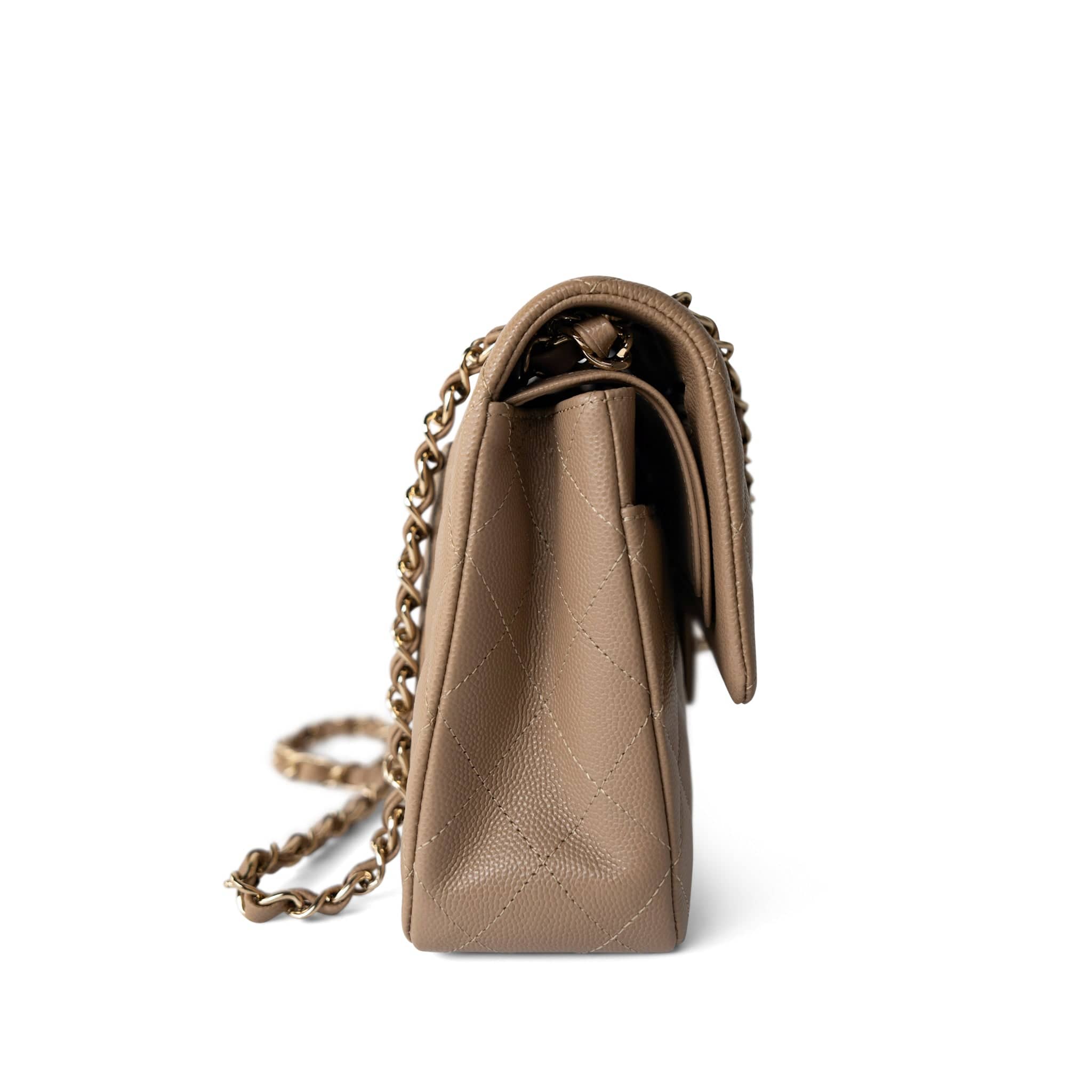 CHANEL Handbag Classic flap / Beige 22A Dark Beige Caviar Quilted Classic Flap Medium Light Gold Hardware - Redeluxe