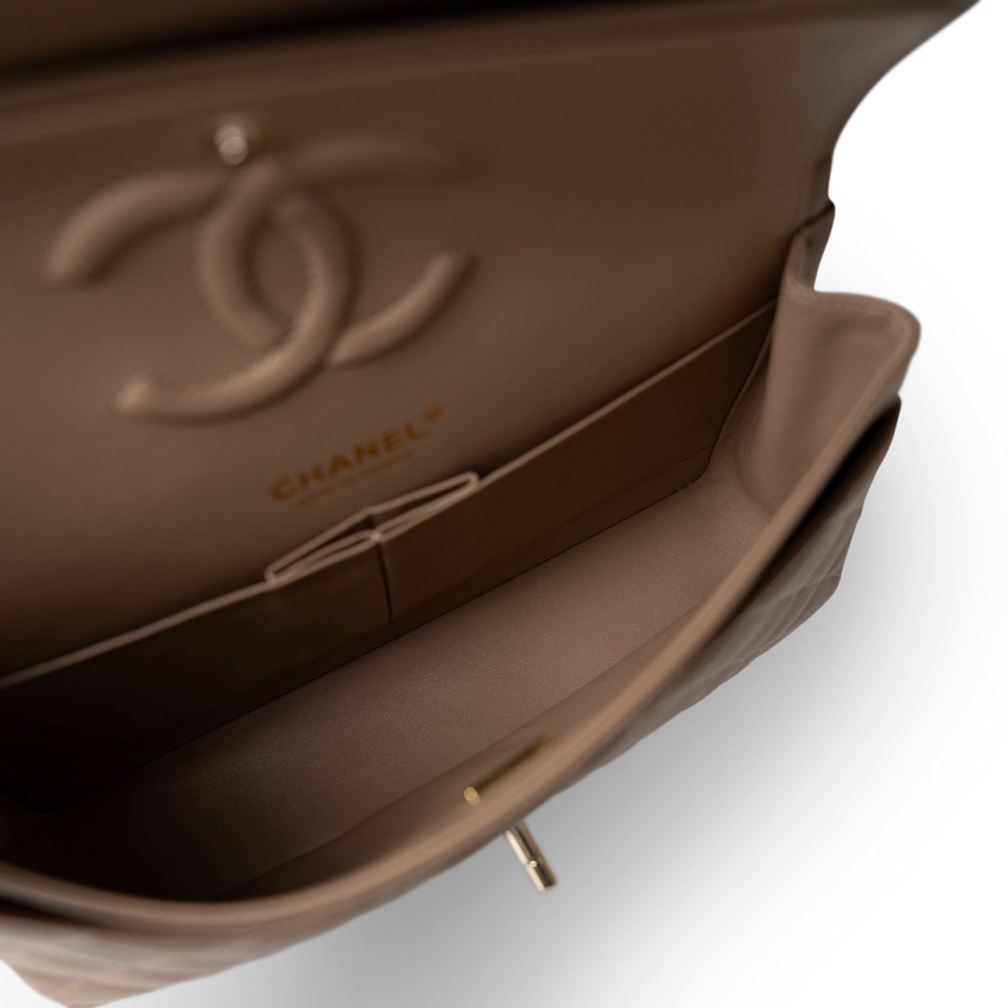 CHANEL Handbag Classic flap / Beige 22A Dark Beige Caviar Quilted Classic Flap Medium Light Gold Hardware - Redeluxe