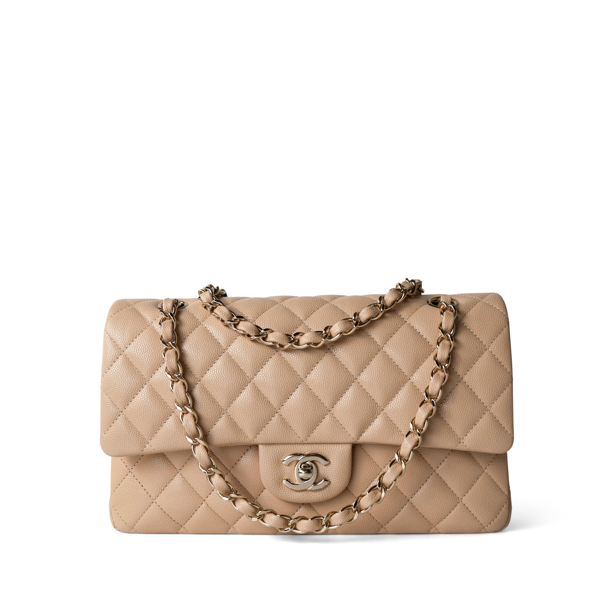 Beige Tan Caviar Quilted Classic Flap Medium Light Gold Hardware REDELUXE