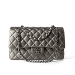 CHANEL Handbag Classic flap / Grey 21B Metallic Ruthenium Lambskin Quilted Classic Flap Medium Ruthenium Hardware - Redeluxe